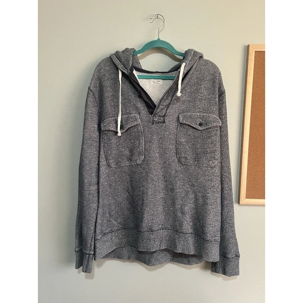 J. Crew Hoodie Quarter Button Men XL Pockets Blue White